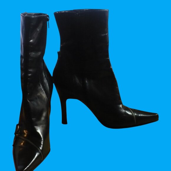 Nine West Black Leather Pointed Toe Ankle Boots Awesome Zipper Accents| SZ US 9M - Picture 8 of 12